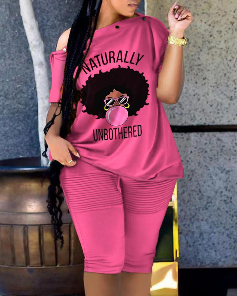 

Figure Print Skew Neck Top & Ruched Shorts Set, Hot pink