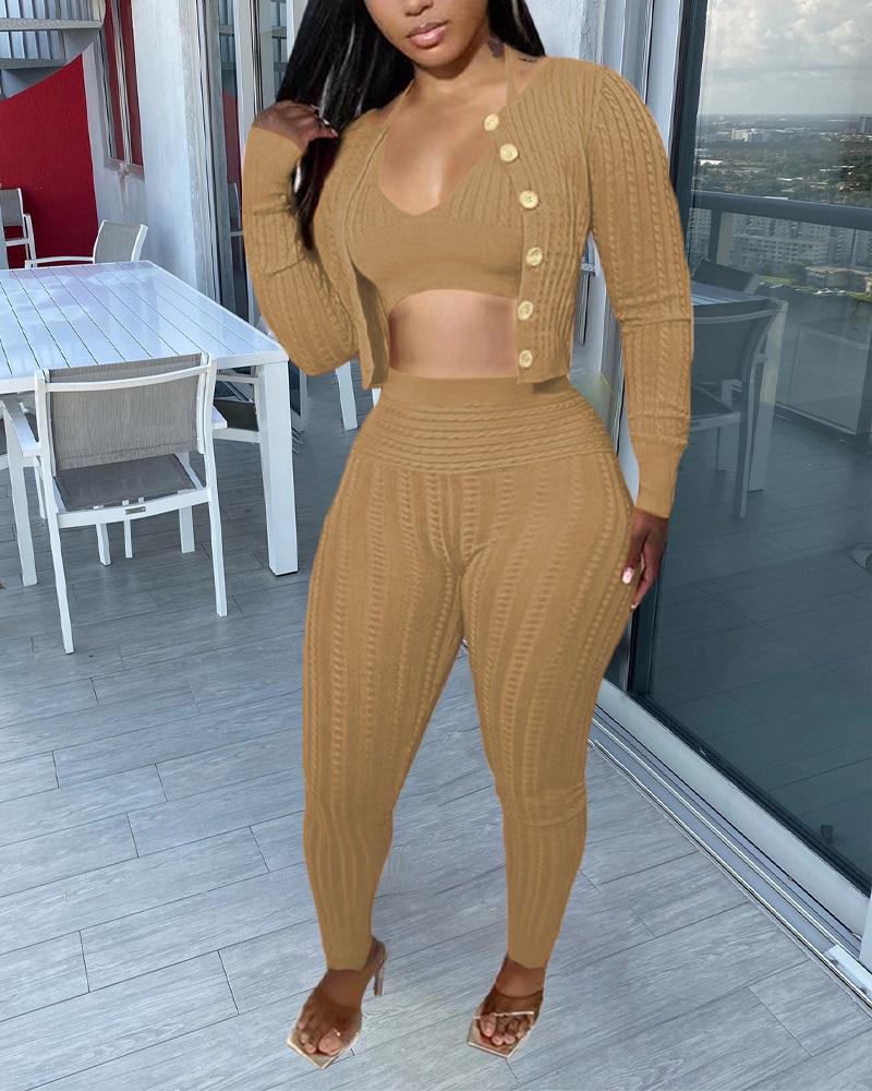 

3PCS Cable Knit Crop Top & High Waist Pants Set With Cardigan, Khaki