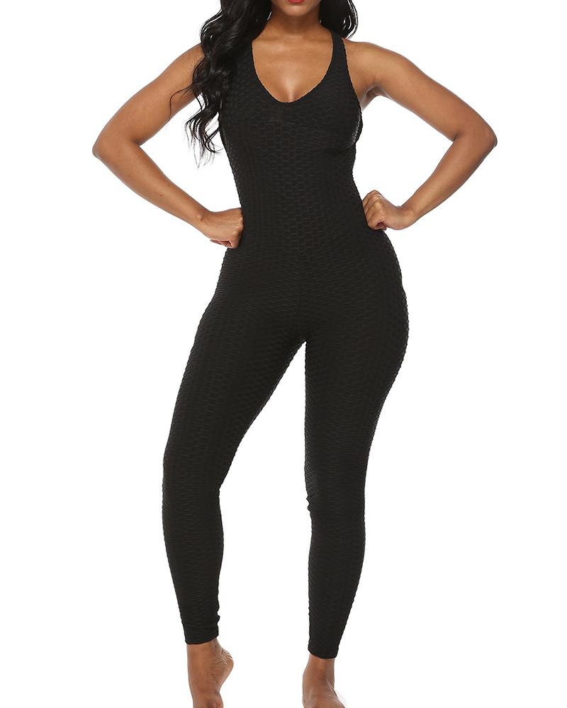 

Plain Jacquard Bubble Sleeveless High Waist Skinny Pants, Black