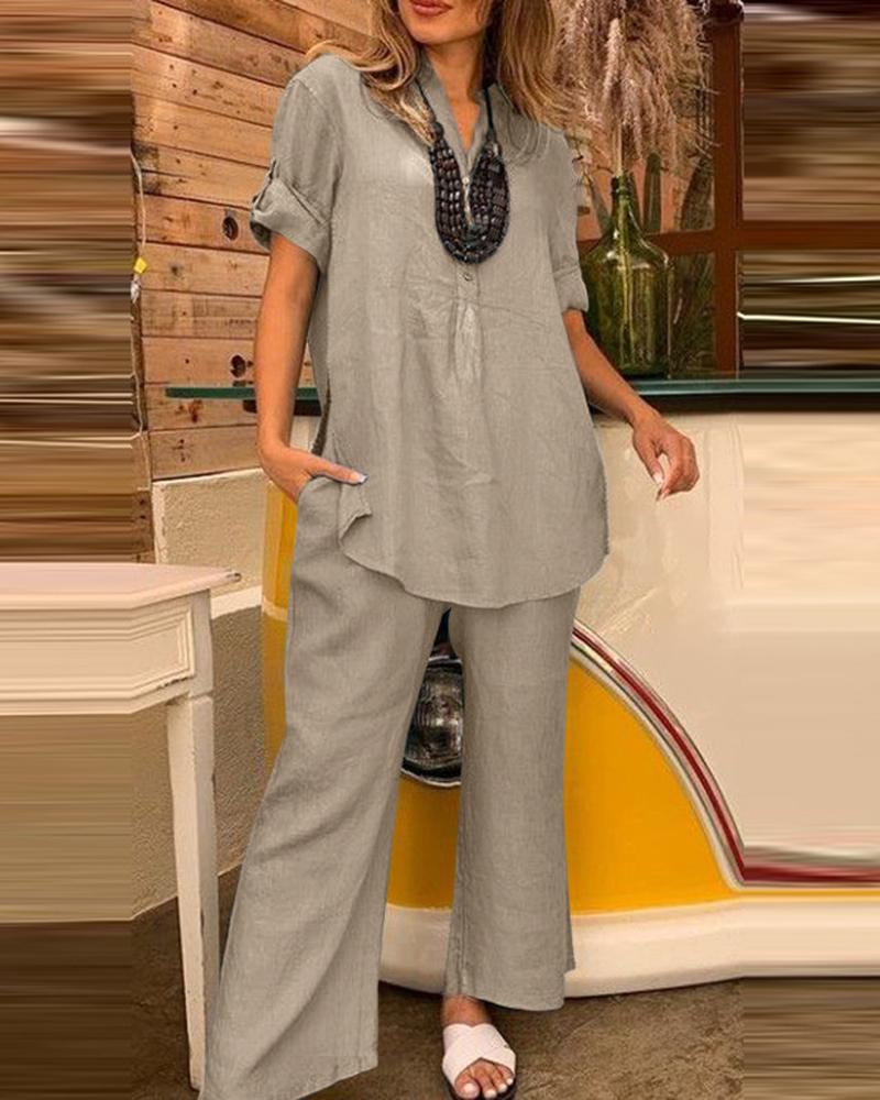 

Roll Up Sleeve Buttoned Slit Top & Wide Leg Pants Set, Light gray
