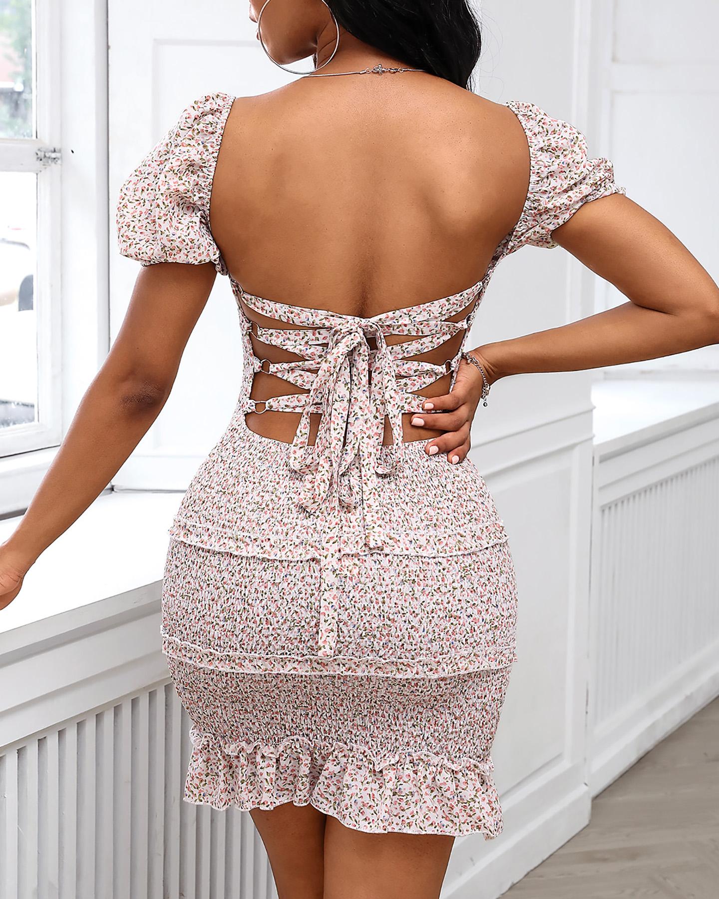 

Floral Bandage Backless Frill Hem Shirring Design Dress, Pink