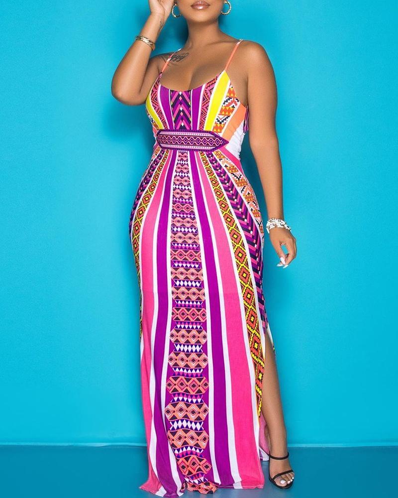

Striped Geo Pattern Print Slit Backless Maxi Dress, Purple