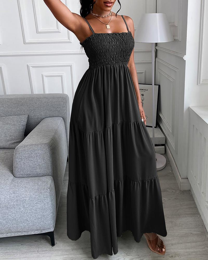 

Shirring Detail Ruched Casual Maxi Dress, Black