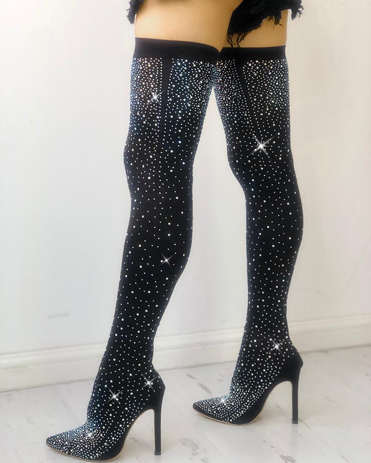 

Shiny Sequins Knee-High Thin Heel Boots, Black
