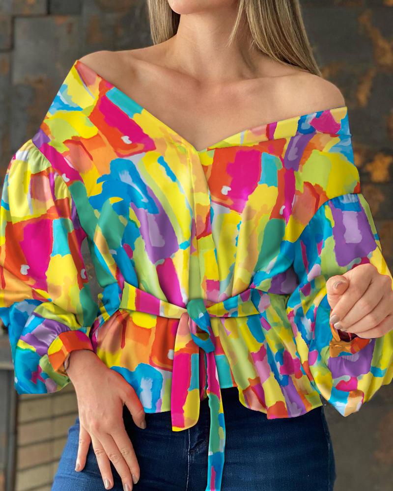 

Colorful Print Lantern Sleeve Tie Front Top, Multicolor