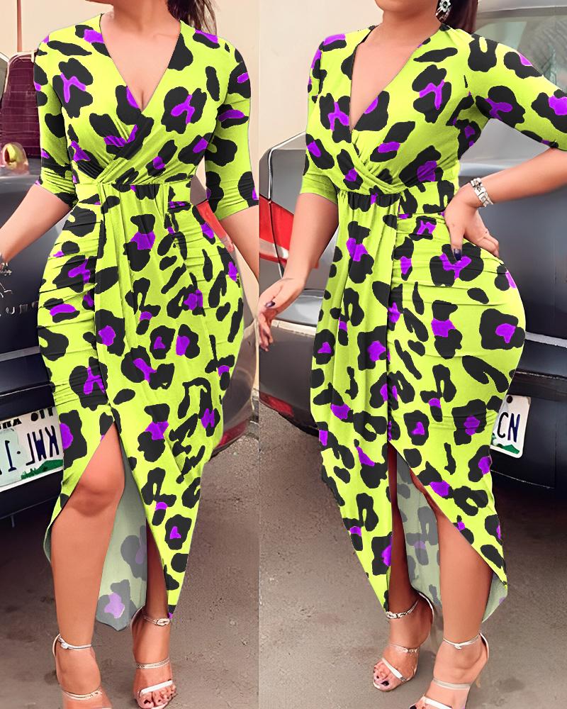 

Pink Leopard Print Draped Midi Dress, Neon
