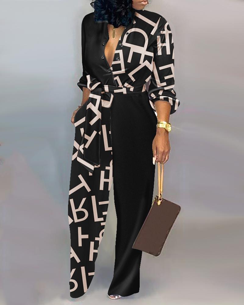 

Letter Print Long Sleeve Belted Jumpsuit, Black