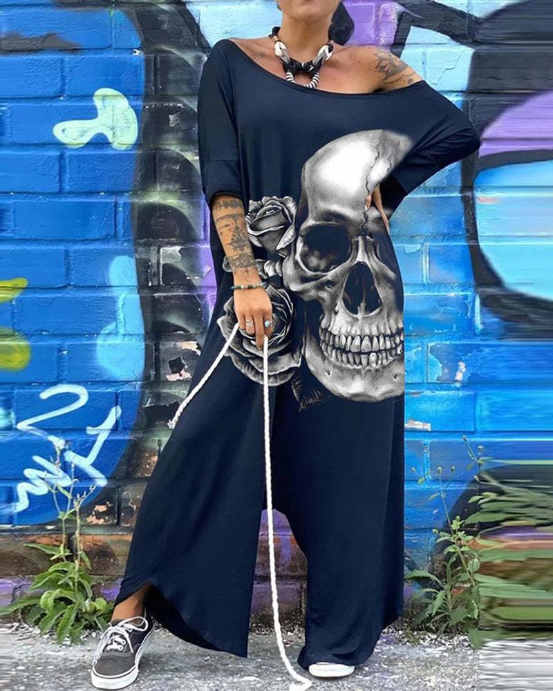 

Halloween Skull Print Wide Leg Jumpsuit, Blue