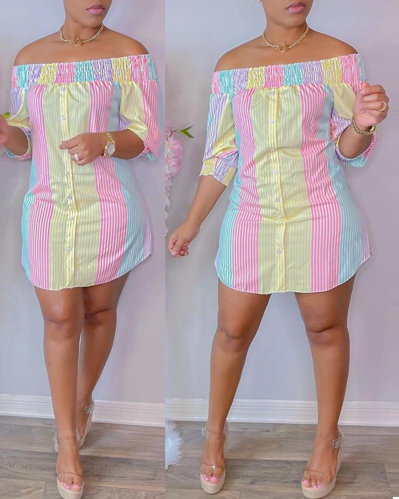 

Striped Print Colorblock Shirred Buttoned Casual Dress, Style3