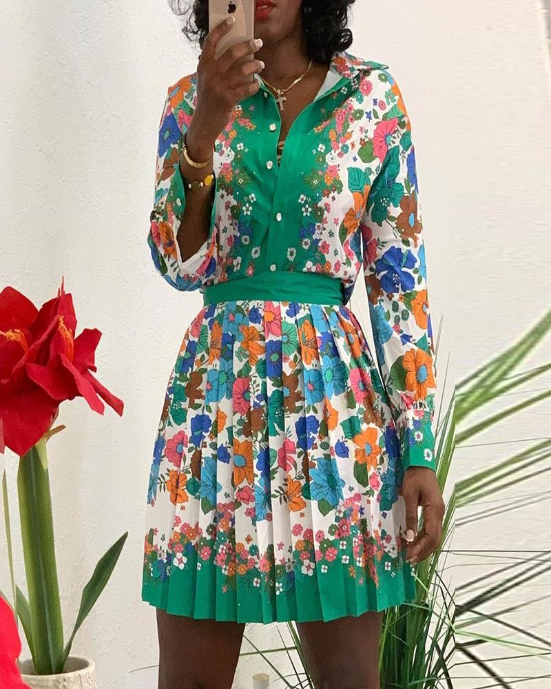 

Floral Print Button Front Pleated Mini Shirt Dress, Multicolor