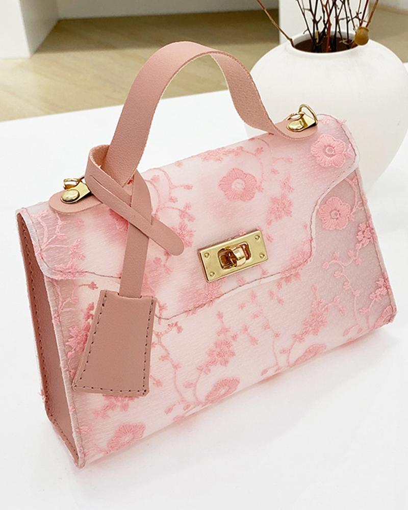 

Floral Embroidery Twist Lock Satchel Bag, Hot pink