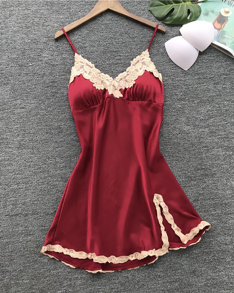 

Lace Trim Satin Sleepwear Cami Dress, Wine red
