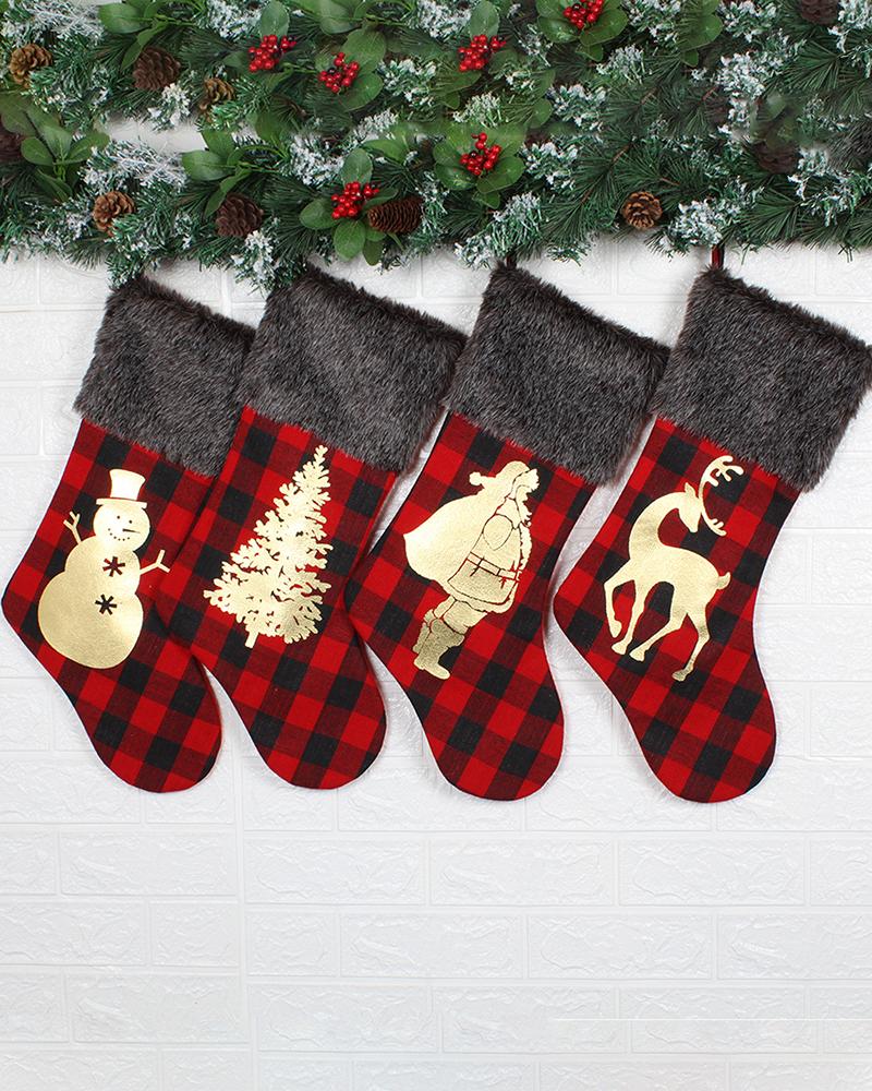 

Christmas Grpahic Print Metallic Stockings Fluffy Trim Xmas Tree Hanging Ornaments, Style1