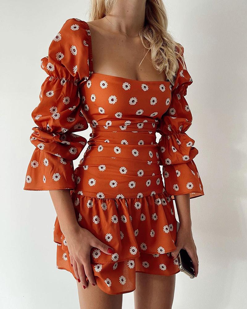 

Puff Sleeve Daisy Print Bodycon Dress, Brown