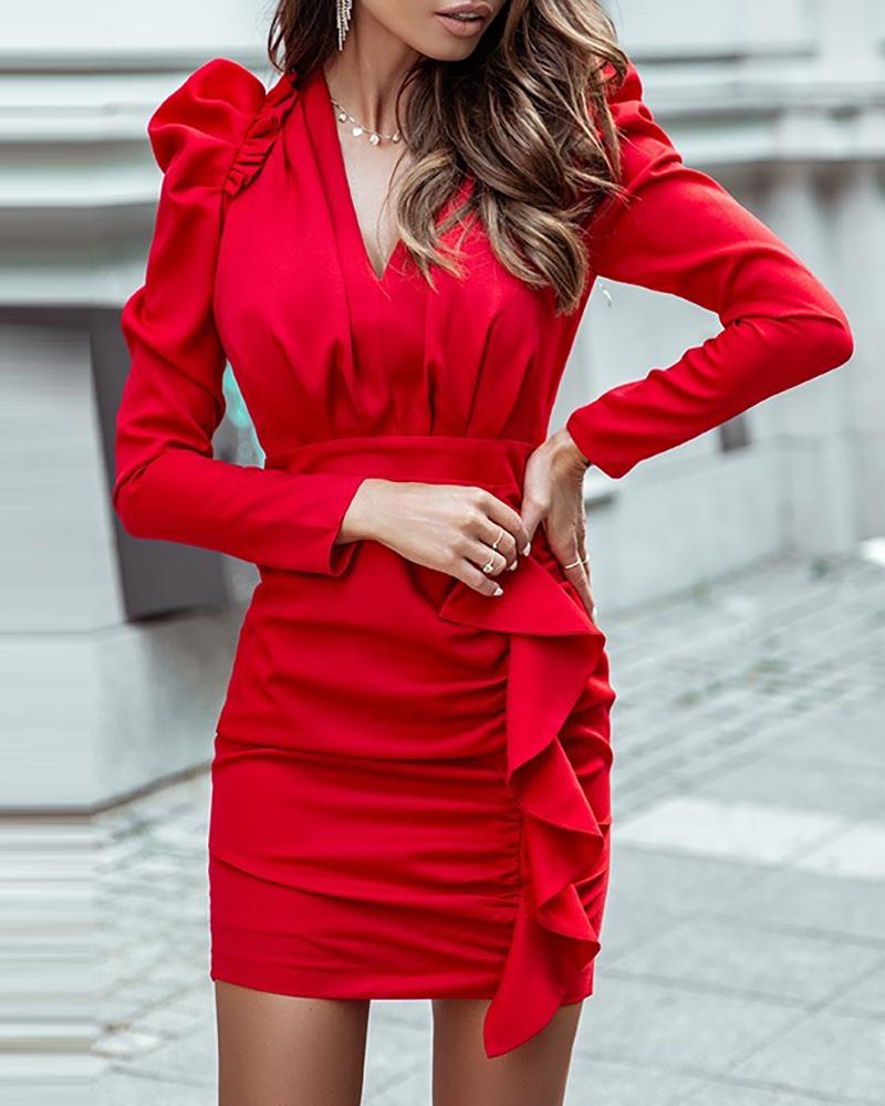 

Plain Puff Sleeve Ruffle Hem Ruched Bodycon Women Dress, Red