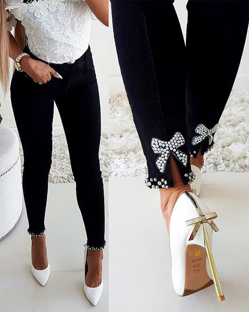 

Rhinestone Bowknot Pattern Skinny Jeans, Black