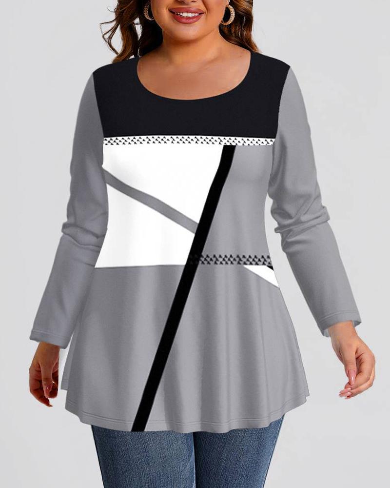 

Plus Size Geometric Print Long Sleeve Top, Gray