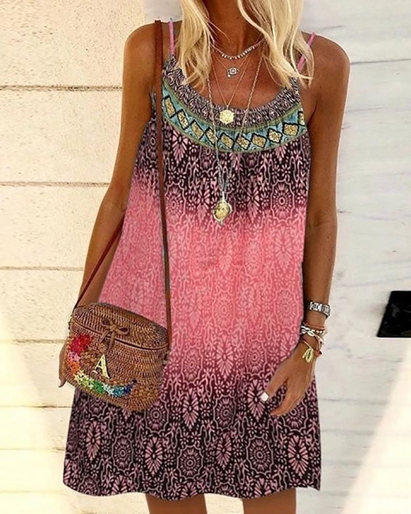 

Graphic Print Colorblock Spaghetti Strap Dress, Pink