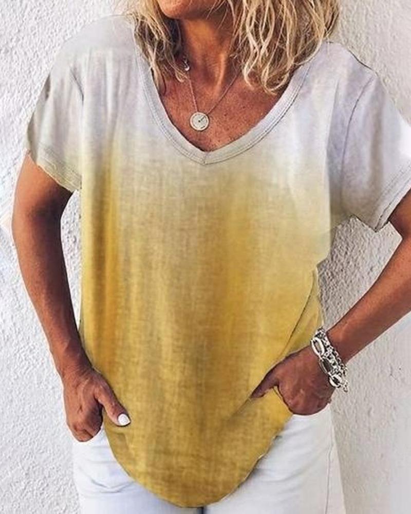 

V-neck Gradient Color Casual T-shirt, Yellow