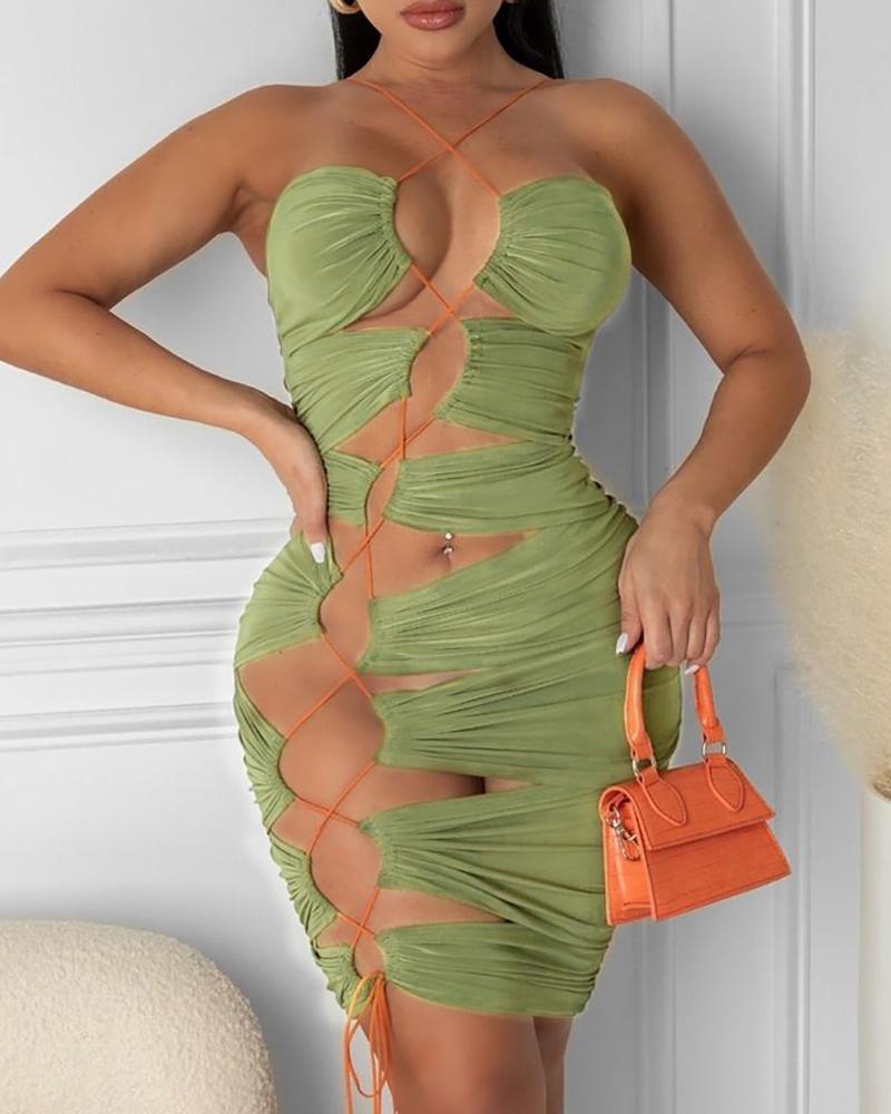 

Halter Lace-up Ruched Tied Detail Party Dress, Green