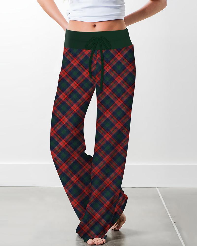 

Christmas Drawstring Argyle Print Wide Leg Pants, Dark red