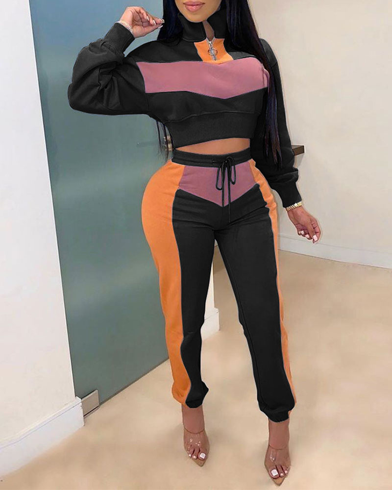 

Colorblock Patchwork Zip Front Top & Drawstring Pants Set, Black