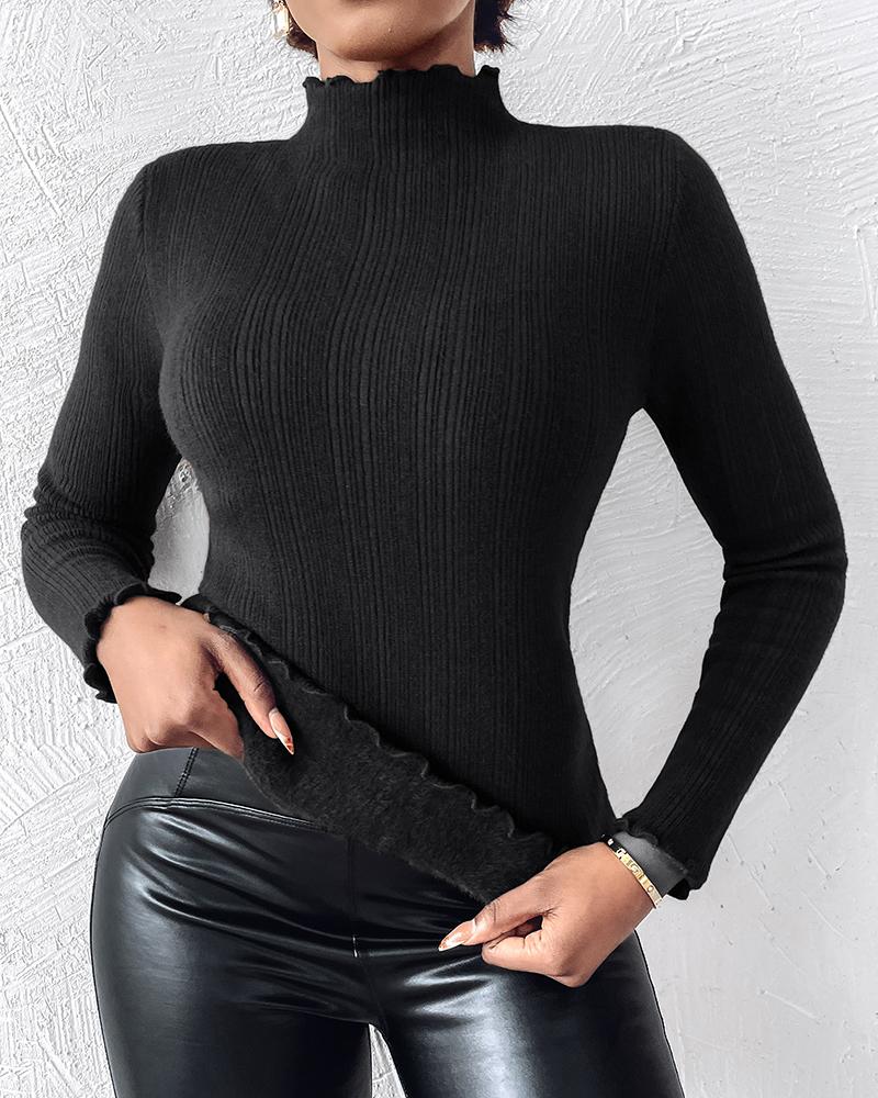 

Fleece Lined Stand Collar Long Sleeves Frill Hem Sweater Thermal Fall and Winter Top, Black