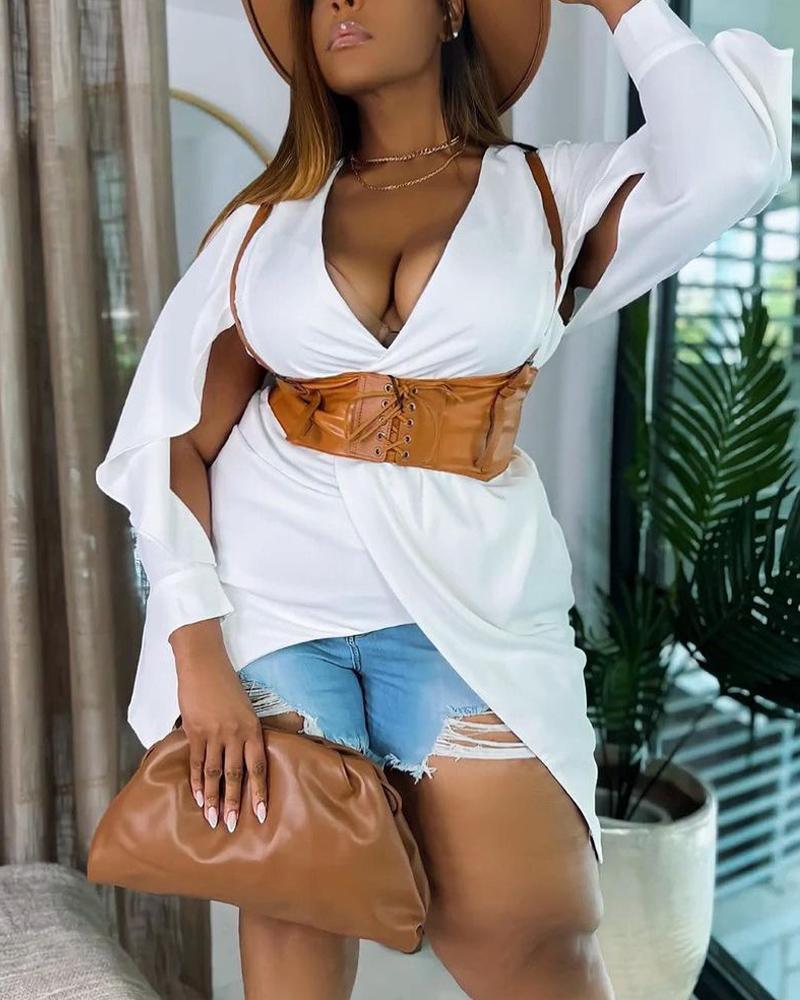 

Plus Size Split Sleeve Asymmetrical Hem Top, White