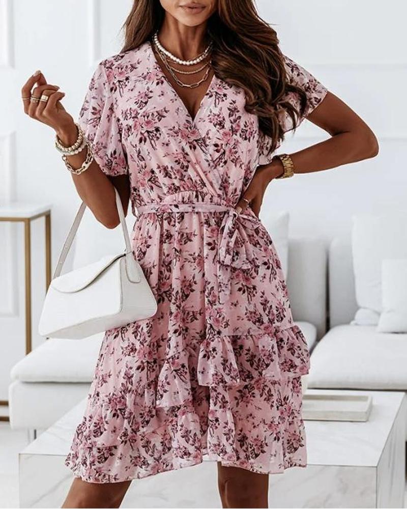 

Floral Print Ruffle Hem Belted Wrap Dress, Pink