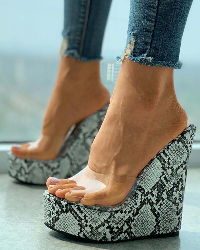 

Snakeskin Print Clear Perspex Wedge Sandals