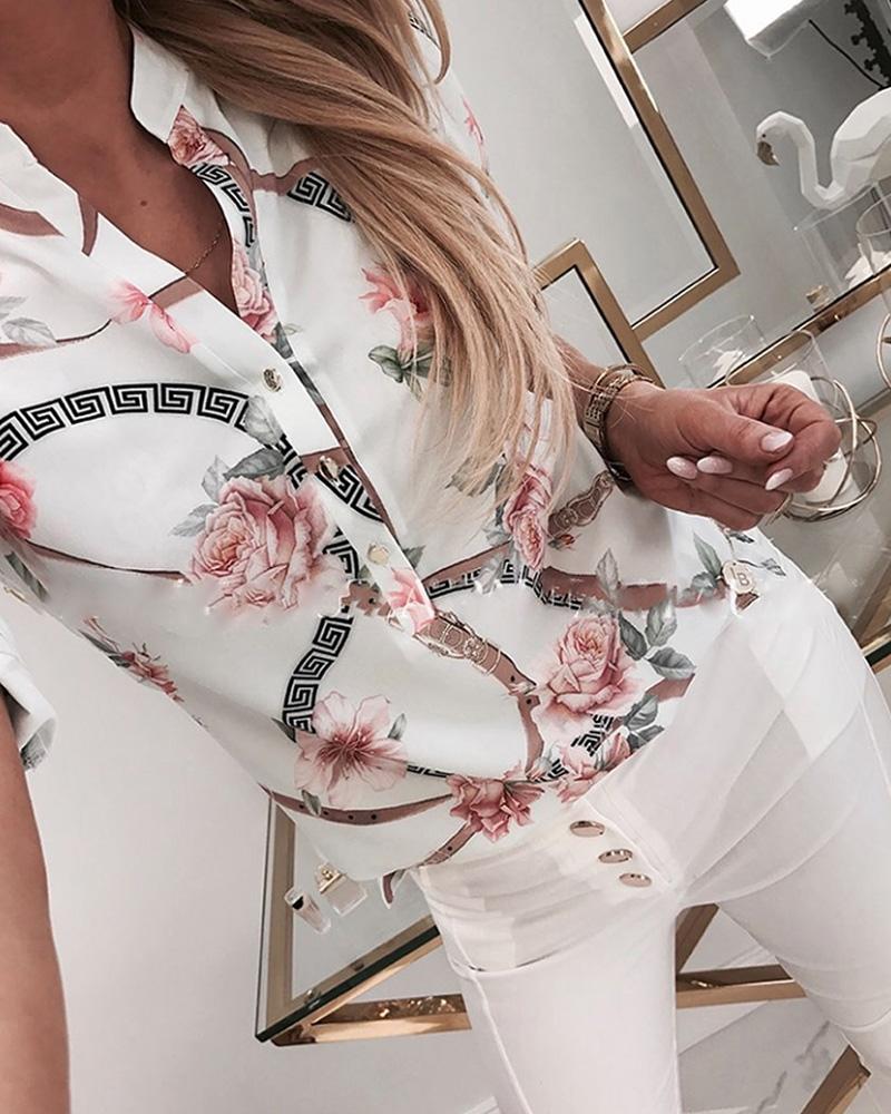 

Floral Print Short Sleeve Casual Shirt, White