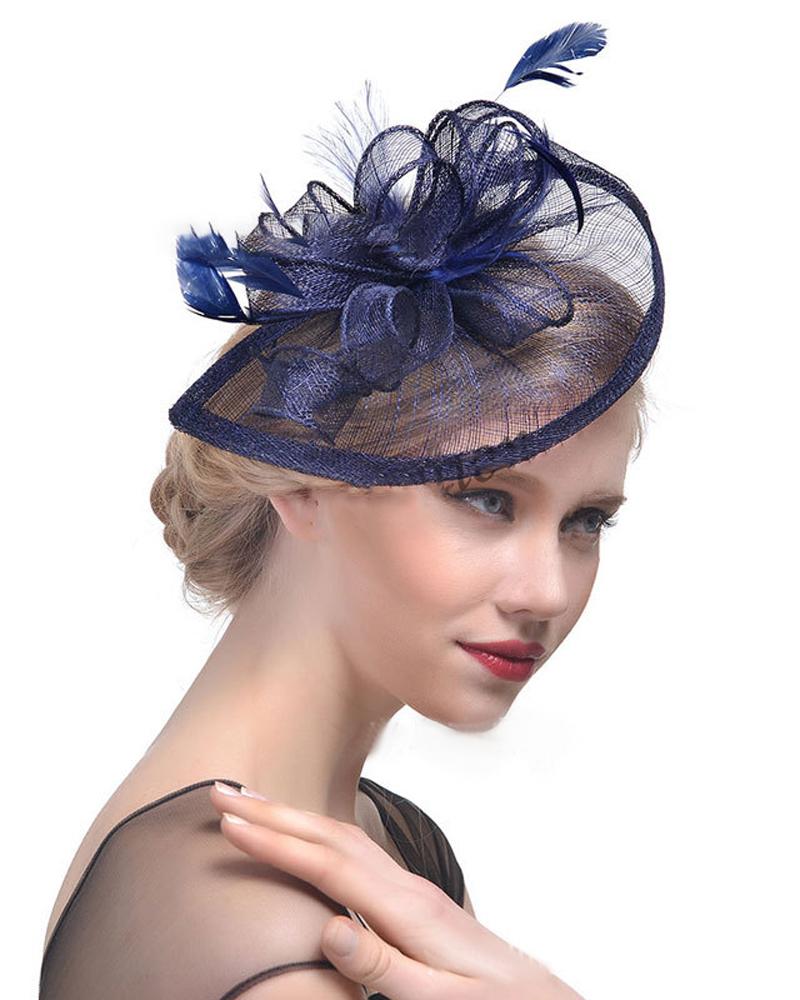 

1pc Feather Fascinator Hat Mesh Hair Clip Hairpin Bridal Wedding Cocktail Tea Party Headwear, Purplish blue