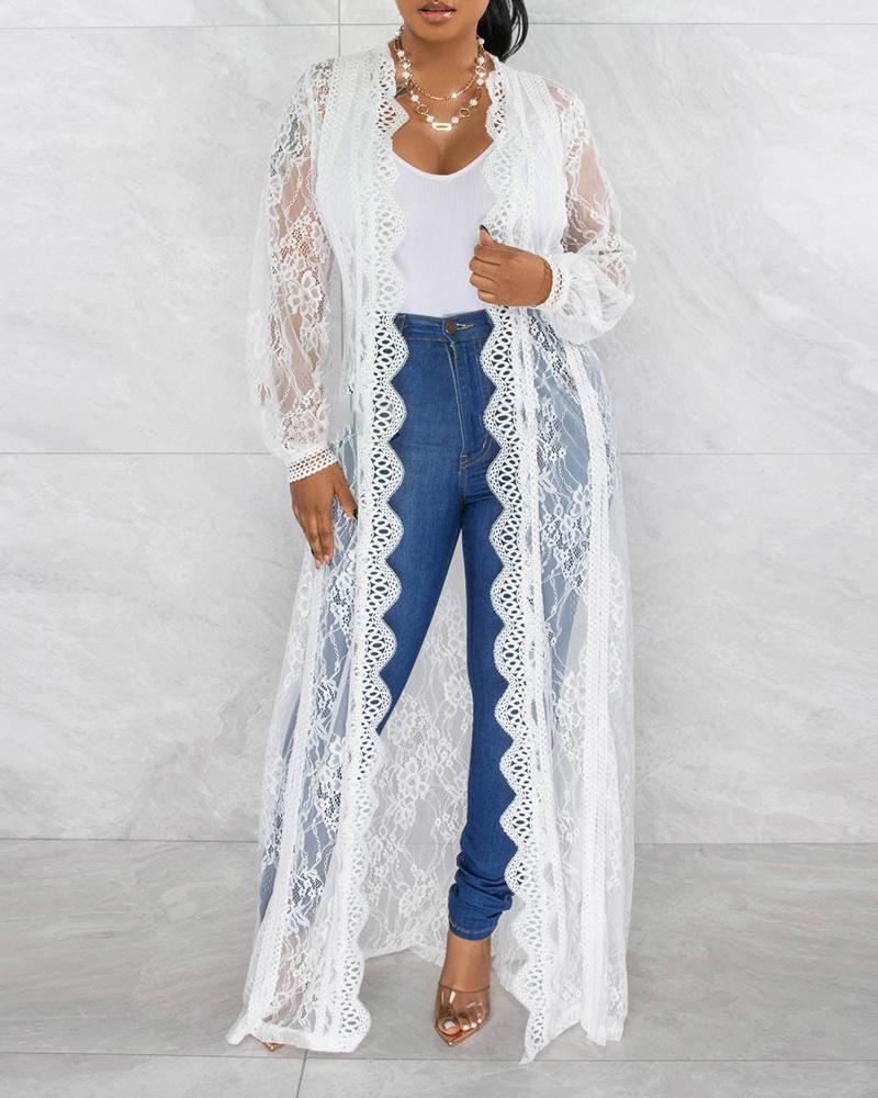 

Crochet Lace Scallop Trim Longline Coat, White