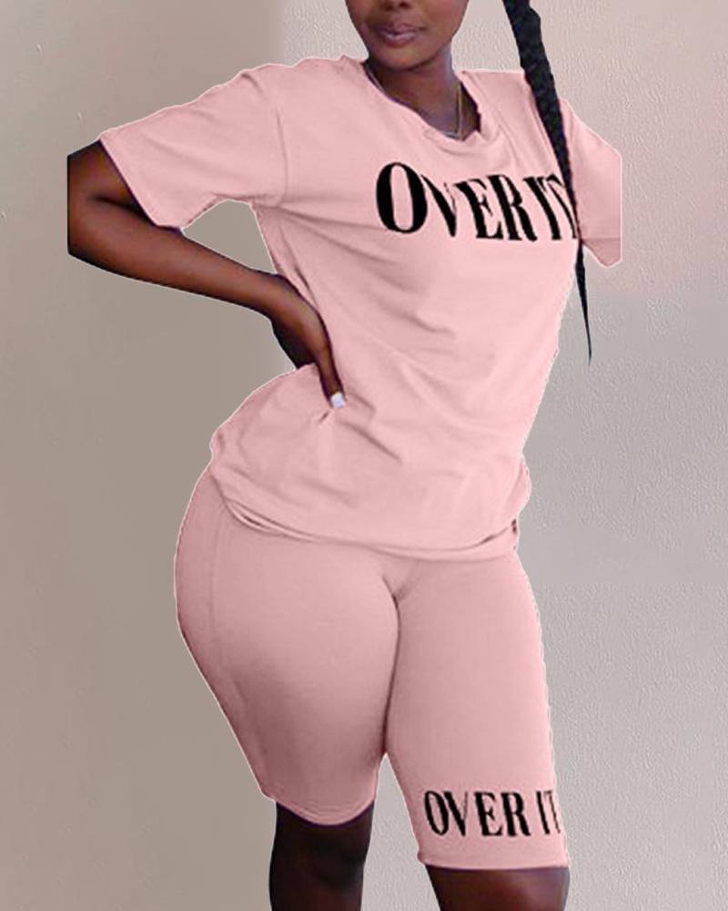 

Letter Print Casual Top & Shorts Set, Pink