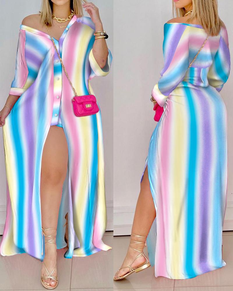 

Ombre Striped Button Up High Slit Shirt Dress Casual Colorful Maxi Dress, Multicolor
