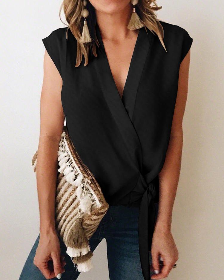 

Solid Color Tie Waist Wrap Blouse, Black