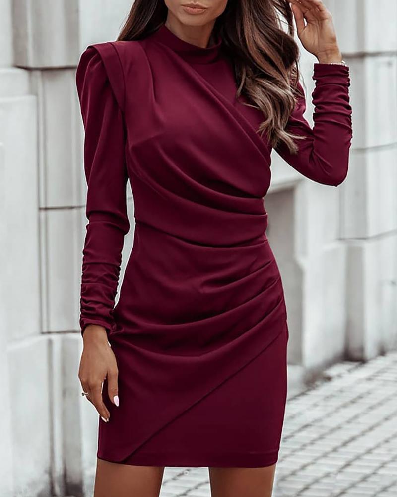 

Plain Puff Sleeve Ruched Bodycon Women Dress, Wine red