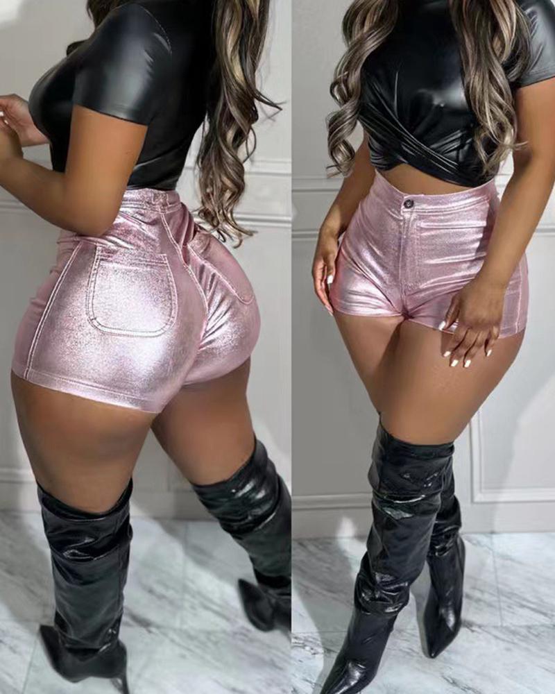 

High Waist Pocket Design PU Leather Shorts, Pink