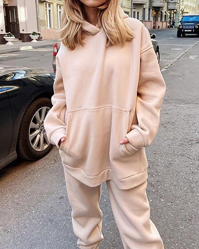 

Pocket Design Hooded Top & Pants Set, Apricot