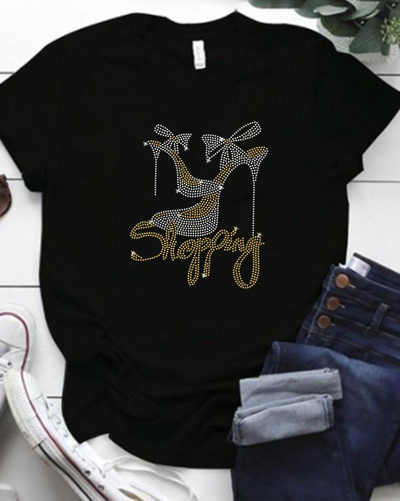 

Plus Size Rhinestone Letter Heels Pattern Casual T-shirt, Black