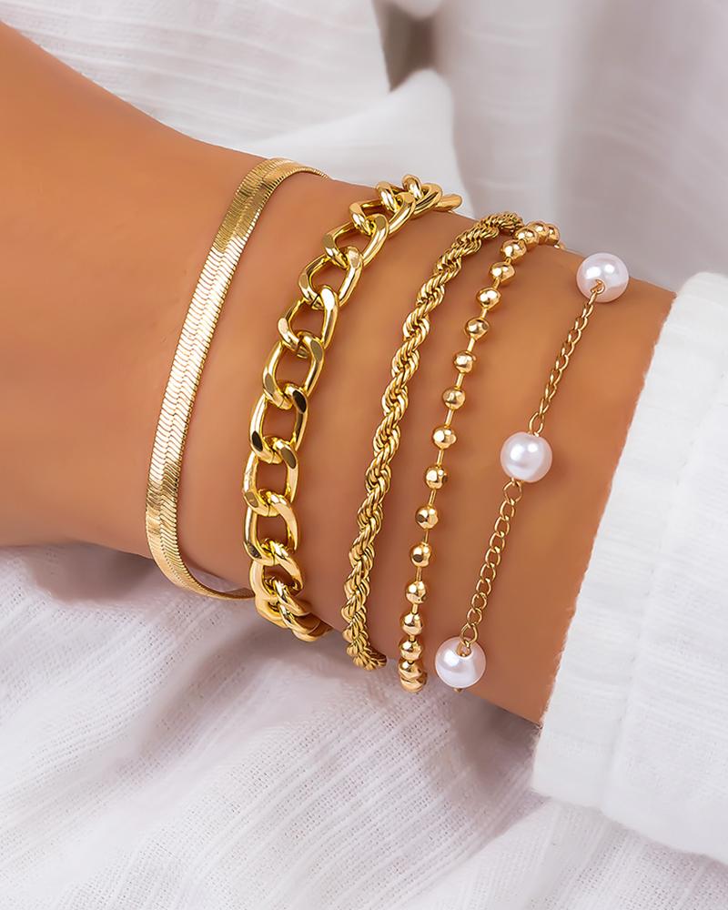 

5pcs Herringbone Beaded Pearls Chain Bracelets Set, Gold