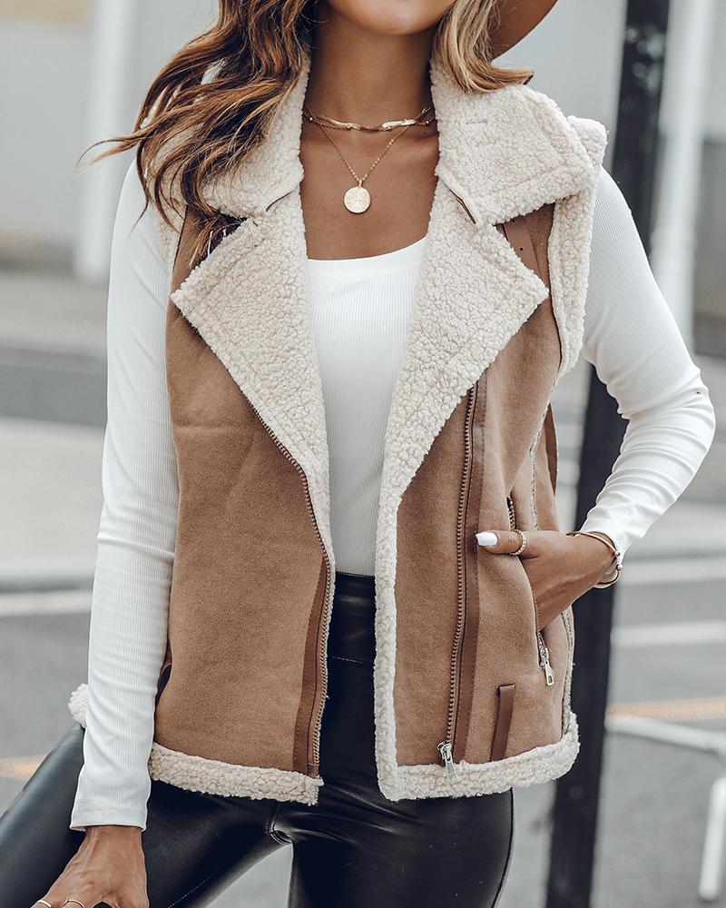 

Pu Notched Collar Sleeveless Jacket Front Pocket Chain Fall and Winter Coat, Khaki