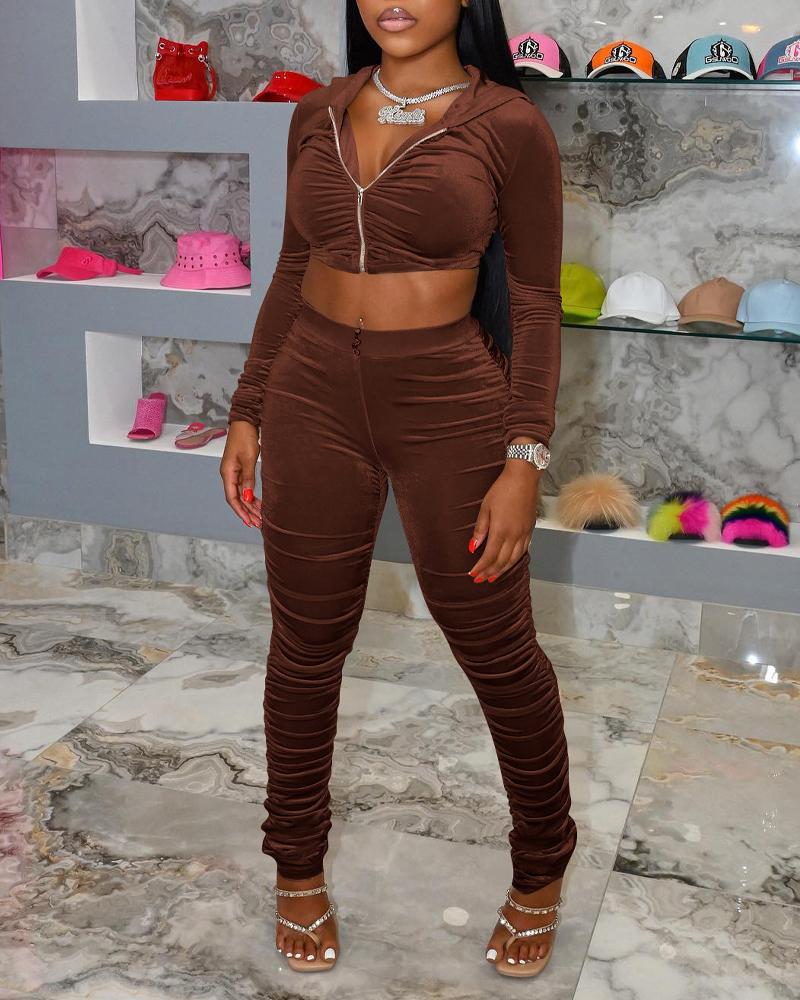 

Velvet Ruched Hooded Zip Up Crop Top & High Waist Pants Set, Dark brown