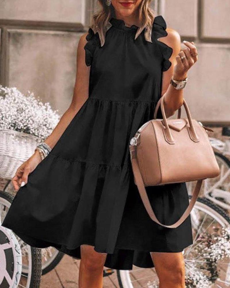 

Ruffles Trim Ruched Short Sleeve Casual Dress, Black