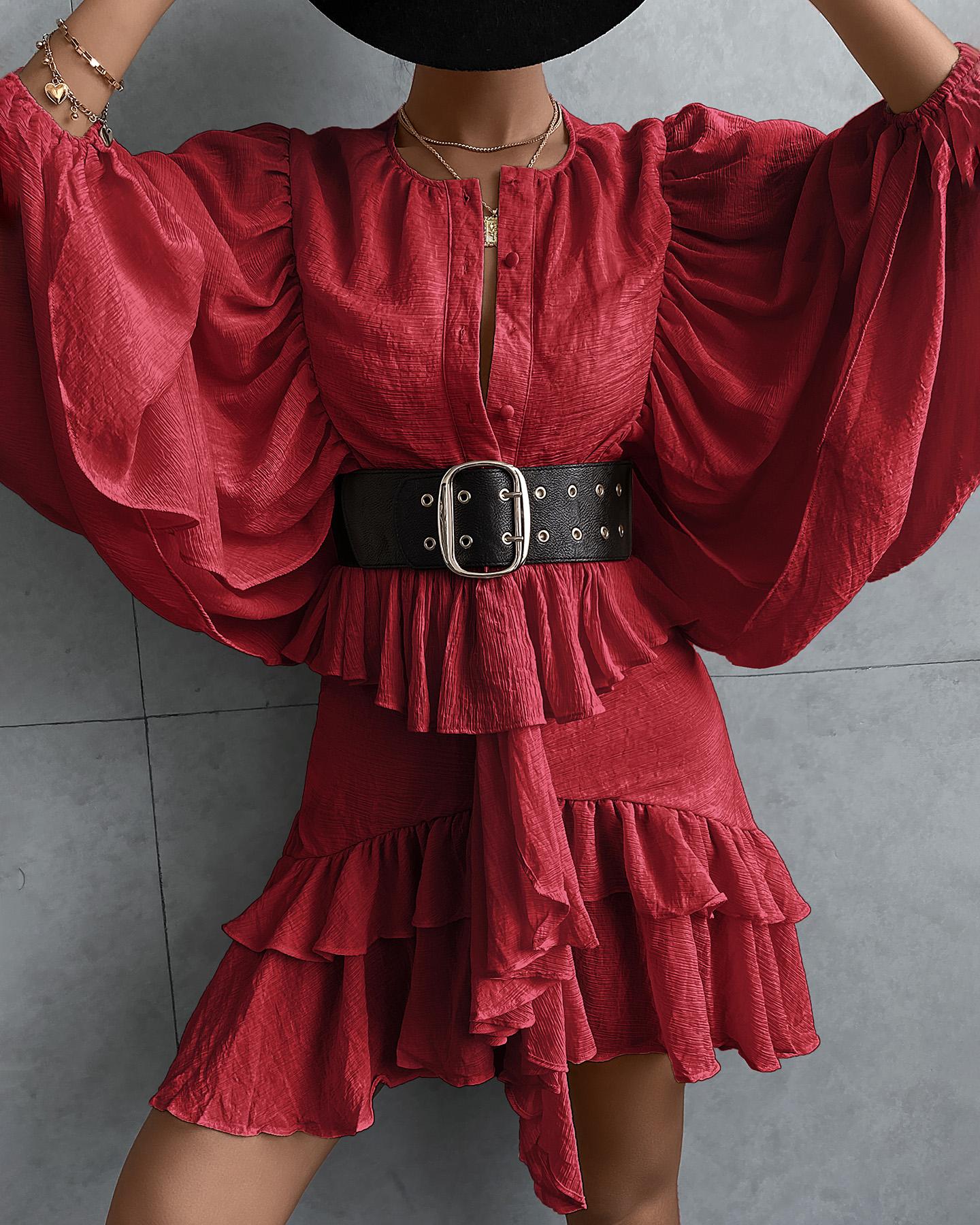 

Lantern Sleeve Ruffles Button Design Dress, Red