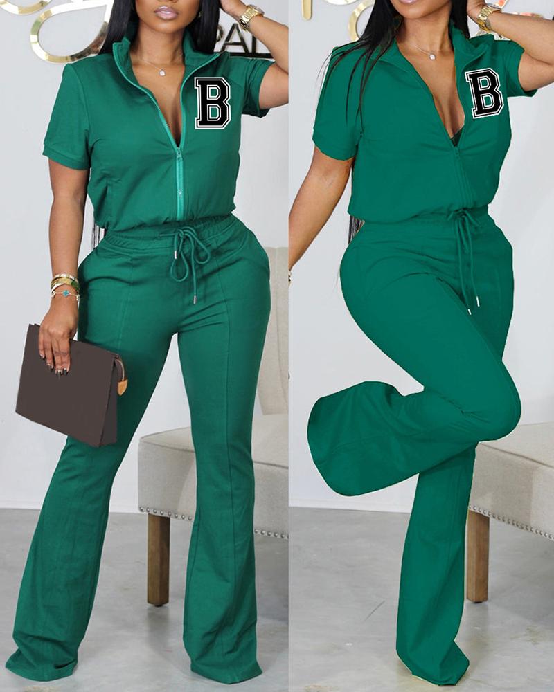 

Letter Pattern Zipper Design Coat & Drawstring Pants Set, Green