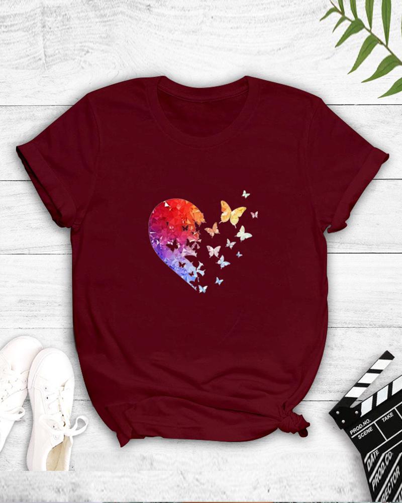

Multicolor Heart And Butterflies Print Short Sleeve T-shirt, Wine red