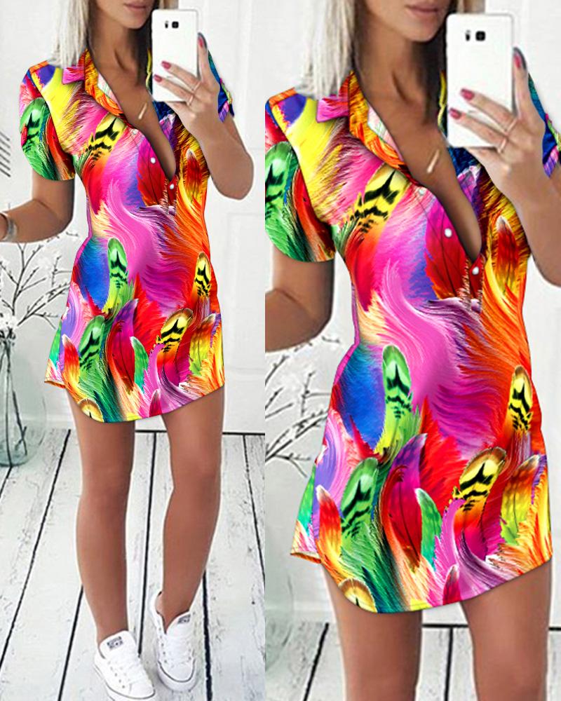 

Abstract Print Button Front Shirt Dress, Multicolor