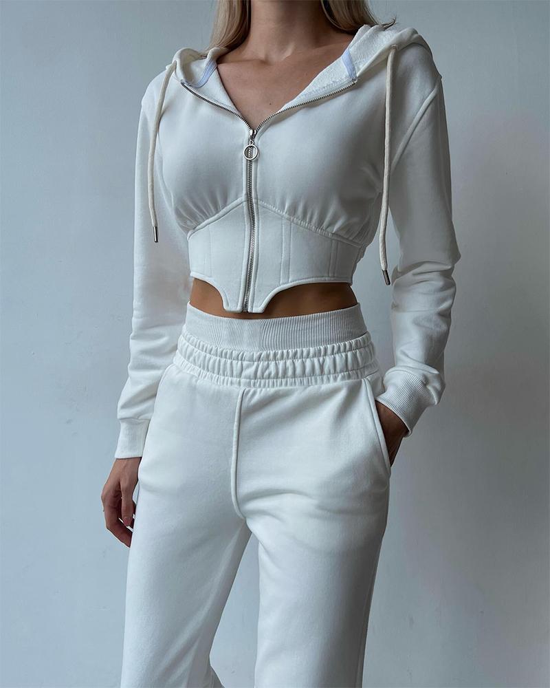 

Long Sleeve Zip Up Corset Hooded Top & Pants Set, White