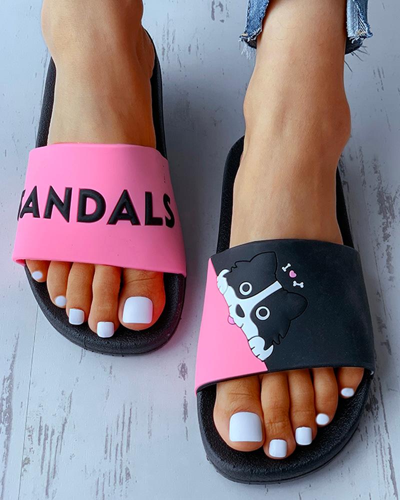 

Animal Letter Print Colorblock Flat Sandals, Black